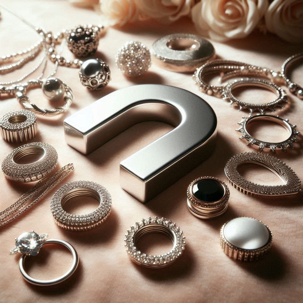 En el centro de la imagen se puede ver un imán en forma de herradura un tanto robusto pero moderno, alrededor de este se ven múltiples piezas de joyería de plata, predominan los anillos de plata con un acabado brillante y algunas con incrustaciones de pedrería, aunque también podemos encontrar collares y dijes, todo esto está sobre una superficie elegante de color rosa claro con algunas flores en la parte superior derecha.
