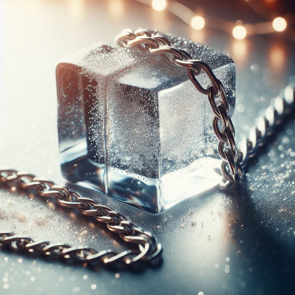 Cubo de hielo transparente rodeado por una cadena de plata de eslabones ovalados y entrelazados demostrando la resistencia y durabilidad de la plata autentica. Parte de la cadena se aprecia sobre la superficie superior del cubo mientras que el resto se extiende hacia el fondo oscuro y brillante.