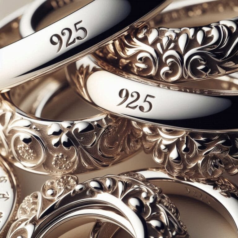 Anillos de plata algunos con un tono bastante plateado y otros con un matiz dorado, dos de ellos tienen una grabación numérica en su superficie plana cuyo número es 925 que indica que la joya es hecha de plata de ley, mientras el resto de los anillos de plata muestran un acabado floreado y ornamentado con bastantes detalles finos.