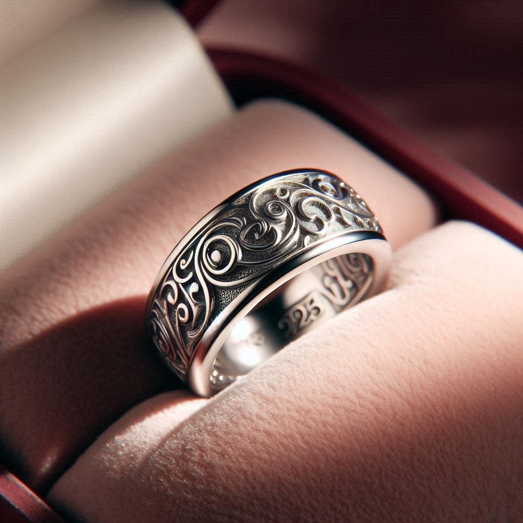 Anillo de plata con un diseño exterior intrincado, diseño antiguo pero elegante con una grabación numérica 925 en la parte interior del anillo. Su diseño exterior está compuesto de grabados sobre la superficie este diseño son de espirales y hojas que parecen ser trabajados finamente. El anillo de plata esta sobre una superficie rosa aterciopelada, probablemente se trate del interior un joyero.