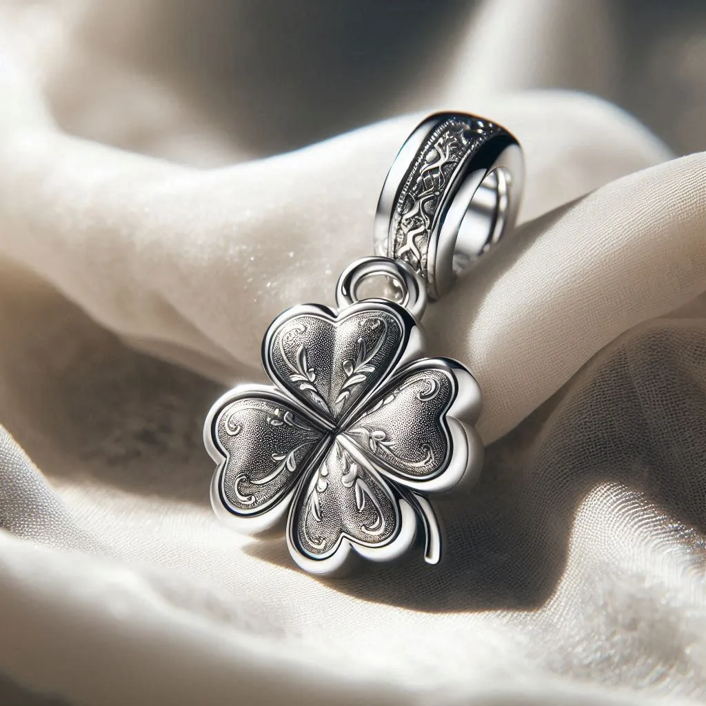 Dije en forma de trébol de cuatro hojas, hecho de plata brillante con grabados sutiles como decoración, sobre una tela de color beige e iluminación tenue.