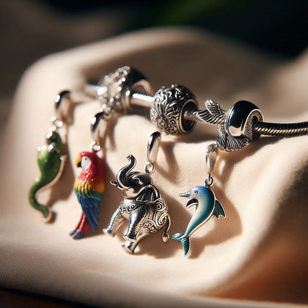 Cuatro dijes de animales: un camaleón verde, una guacamaya roja, un elefante plateado y un delfín azul hechos con plata brillante de alta calidad. Colocados en un accesorio de plata, sobre una tela color rosa y con una iluminación tenue.