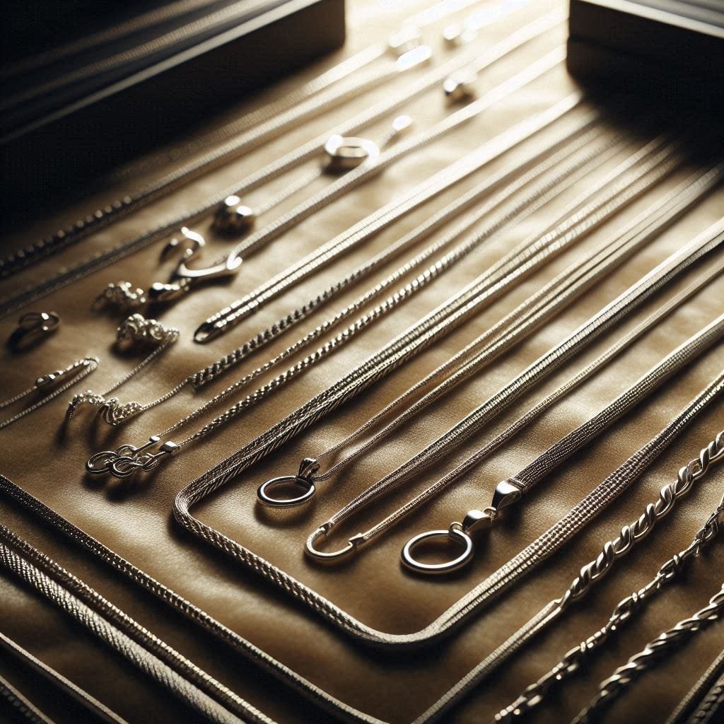 Diversos artículos de plata como cadenas y collares finos sobre tela de seda de color dorada opaco, probablemente en un exhibidor de lujo de madera con una luz tenue desde atrás.