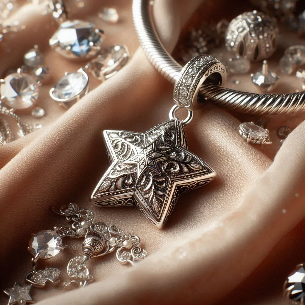 Dije en forma de estrella de plata de alta calidad, con pequeños cristales incrustados. Colocado en un accesorio de plata y rodeado por pequeños cristales y artículos de plata, sobre una tela rosa claro. La iluminación es tenue.